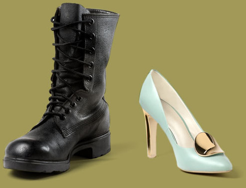 A combat boot sitting beside a dress shoe