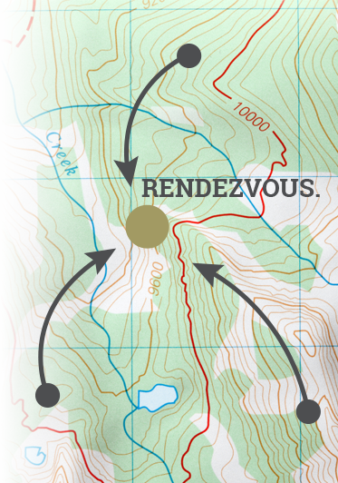 A map depicting multiple routs to a common rendezvous point